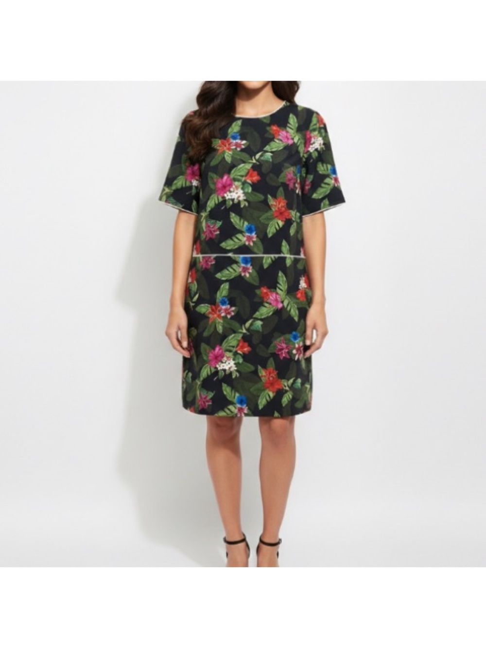Simons Tropical Print Shift Dress Size Small Black